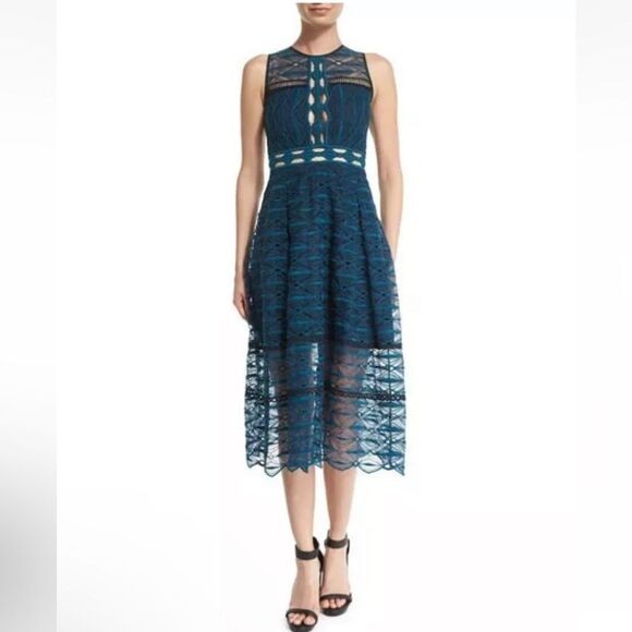 Jonathan Simkhai Women's Lace Embroidered Sleeveless Midi Dress Teal/Navy Sz. 0 - Picture 1 of 14